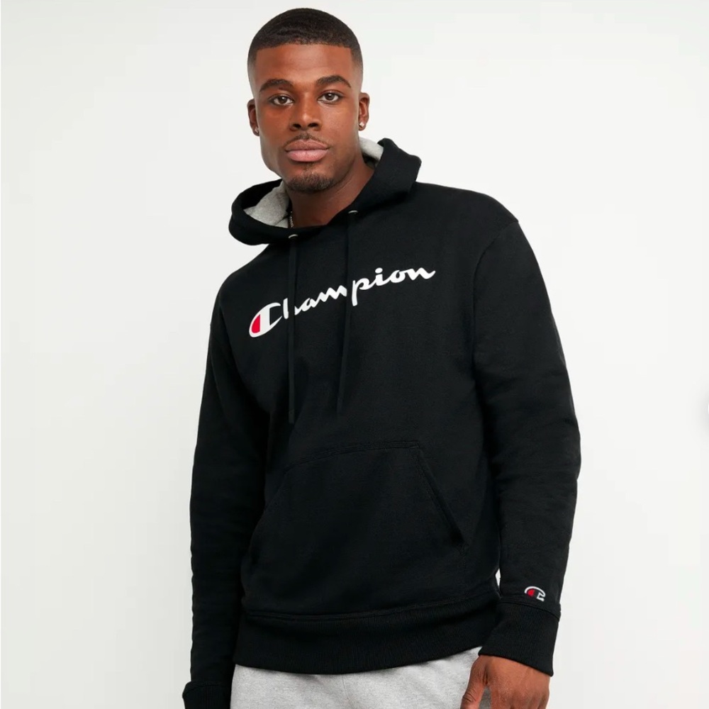 Men’s Champion Powerblend Hoodie Sweatshirt with Script Logo Black Size S